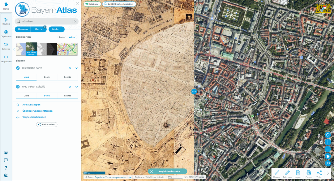 Screenshot aus dem BayernAtlas: Vergleich von historischer Karte und aktuellem Luftbild
